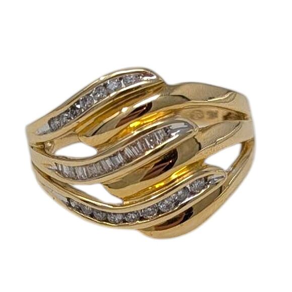 14K Yellow Gold Diamond Wave Band Ring 3.80g, Elegant Design Estate Jewelry - Picture 1 of 8
